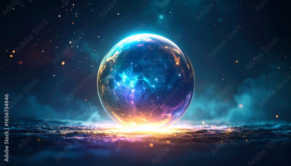 Fototapeta premium A luminous sphere, glowing with celestial energies, rests upon a textured, illuminated surface, bathed in vibrant blues and oranges, against a backdrop of shimmering stars.