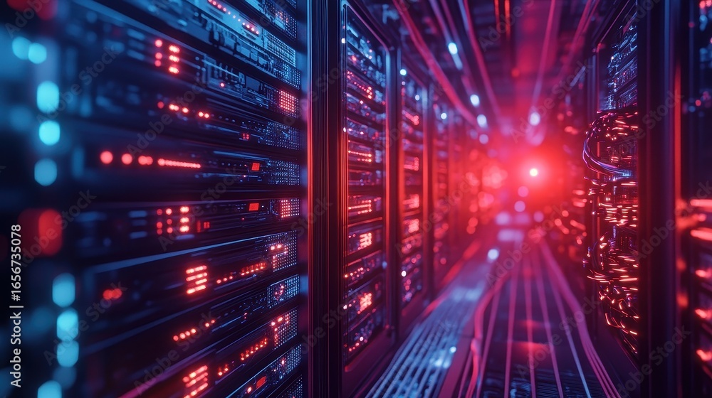 Obraz premium Futuristic blockchain server glowing with quantum light in dark data center, intricate cables, cyberpunk tone, ultra sharp focus .