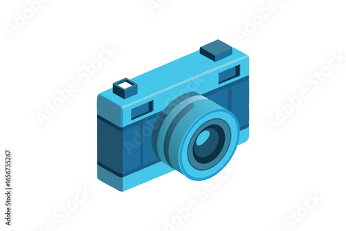 A vibrant blue digital compact camera with a prominent lens is isolated on a white background, symbolizing modern photography technology