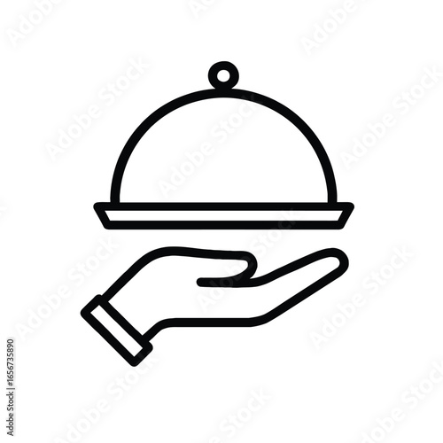 Food Service Line Icon. Hand holding a cloche tray symbol for restaurant, catering, and room service. Simple Outline Waiter Vector Illustration.