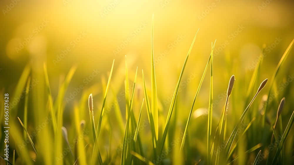 Fototapeta premium Lush spring grass field in soft morning light, delicate green blades in sharp focus.