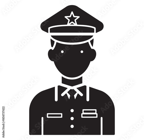 Minimalist silhouette illustration depicting a policeman in uniform on a white background
