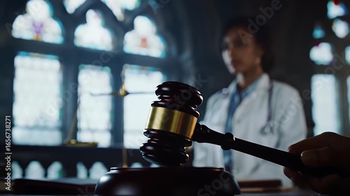 Doctor listens as judge slams gavel during medical malpractice hearing
