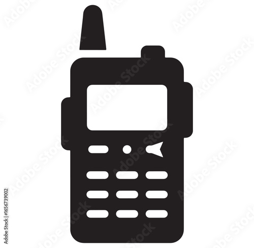 Simple black and white illustration of a portable two-way radio communication device