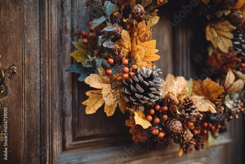 Autumnal wreath adorning a wooden door