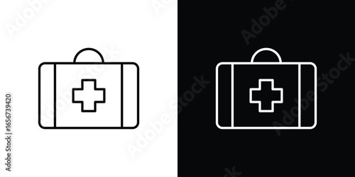 First Aid Kit Icon in Line Art Style isolated on white and black background