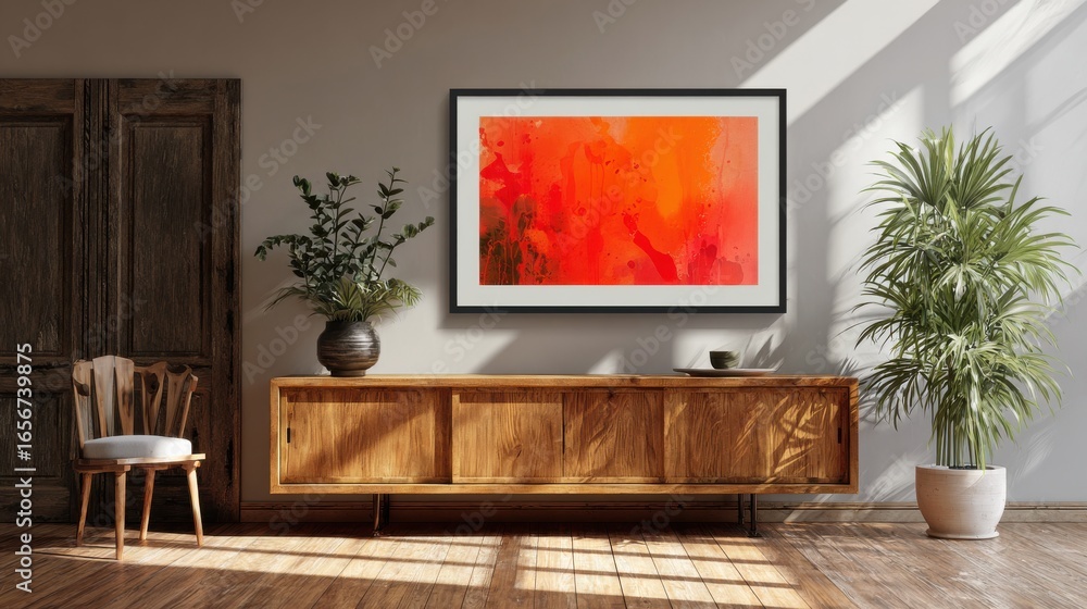 Fototapeta premium Sunlit Interior Design featuring a vibrant orange artwork framed on a wooden cabinet with a potted plant