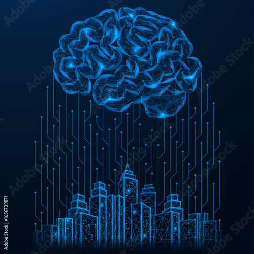 Connecting the city to artificial intelligence. Development of the digital infrastructure of the future. Polygonal design of interconnected lines and dots. Blue background.
