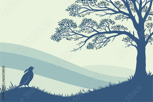 Lone Bird on a Hill: A Serene Nature Vector Illustration