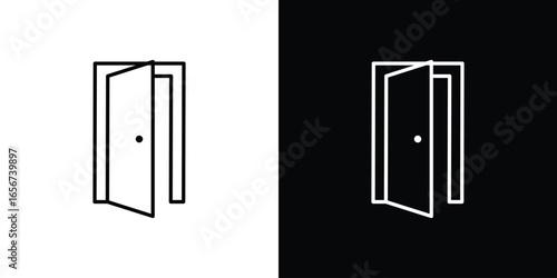 Open Door Icon in Line Art Style, Isolated on White and Black Background