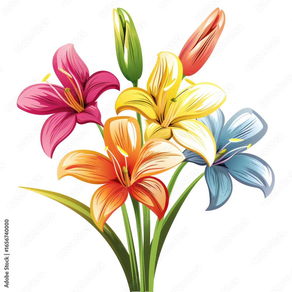 Fototapeta premium and keyword list based on the image you provided.. Lilies Bloom Multicolor Flowers Bouquet, Up Close, Still Life.