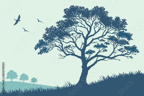 Large Tree on a Hill: A Serene Nature Vector Illustration