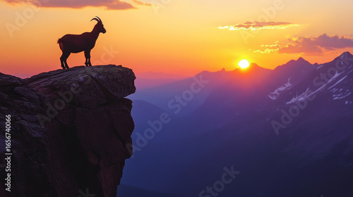 A majestic ibex stands on a cliff, overlooking a vibrant mountain sunset. The silhouette perfectly frames the breathtaking natural beauty.