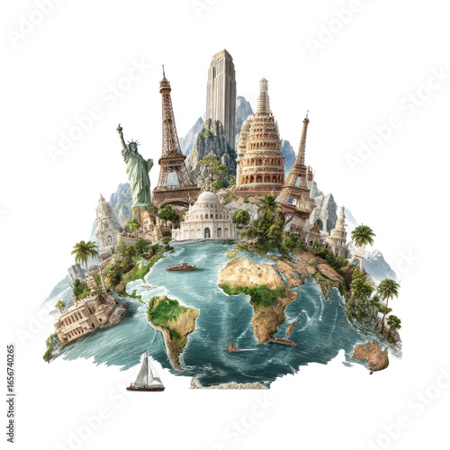 World landmarks layered on a globe