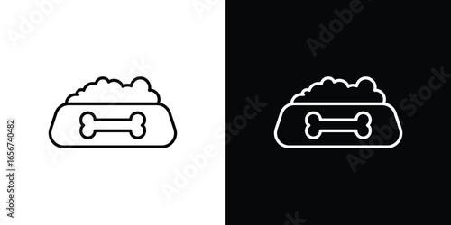 Dog Food Bowl Icon in Line Art with White and Black Backgrounds