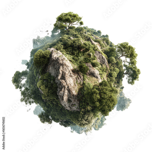 Miniature floating island with lush green trees and rocky terrain