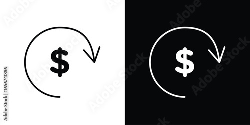 Dollar Sign Icon in Circular Arrow with Black and White Backgrounds
