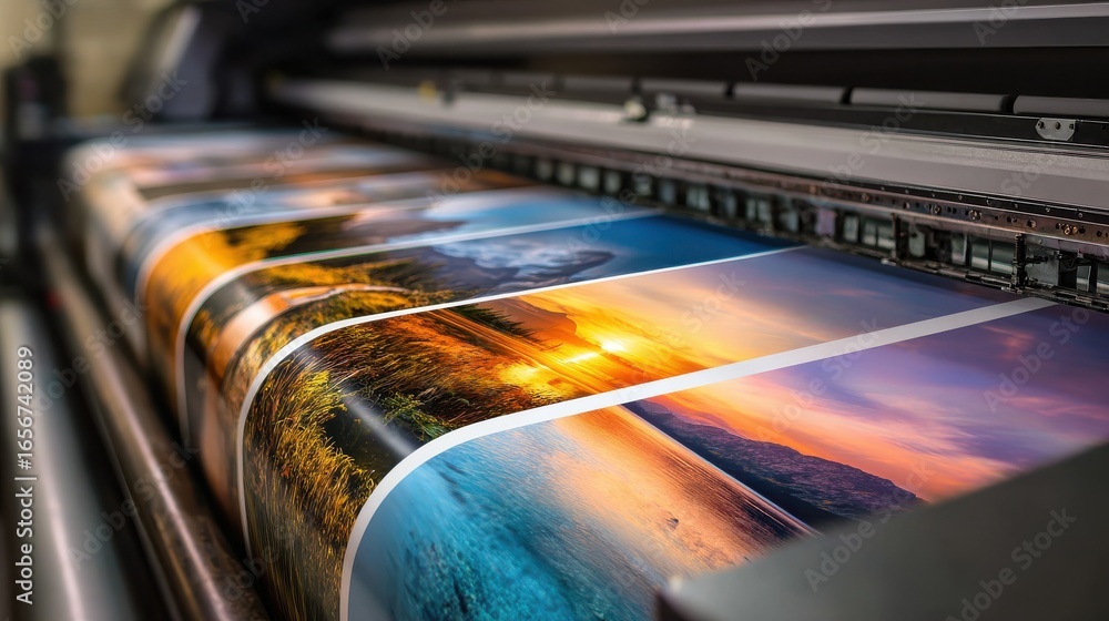 Obraz premium Large format printer printing images. Industrial printing machine works fast. High quality images in progress. Modern production technology. Pictures of landscapes, natural scenes. Pro graphic
