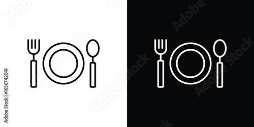 Plate, Fork, and Spoon Icon Set Isolated on White and Black Backgrounds