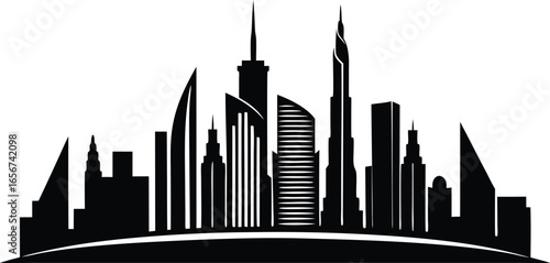 Iconic dubai skyline silhouette against a clean white background