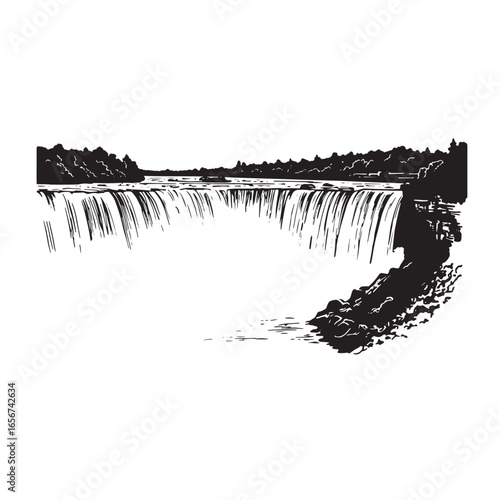 A black and white illustration depicting a majestic waterfall scene with detailed rock formation