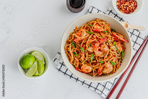  Stir-Fried Shrimp Noodles with Chopsticks Top Down Asian Food Photo