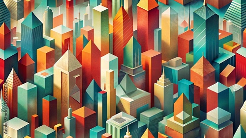 Colorful geometric city buildings, a modern urban architecture with vibrant and abstract design style