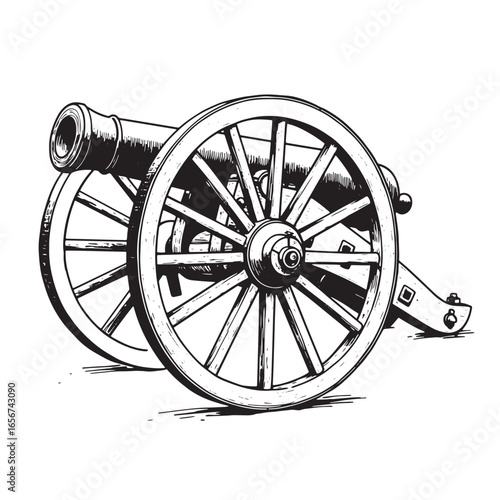 Antique cannon illustration depicting a detailed artillery weapon with wooden wheels
