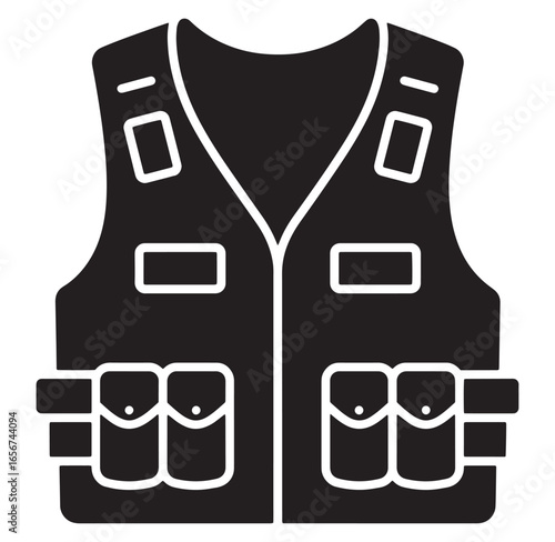 Black and white graphic illustration of a tactical vest with pockets and functional design