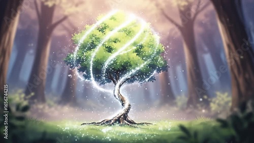 A stylized tree in a magical forest with glowing light trails around the crown