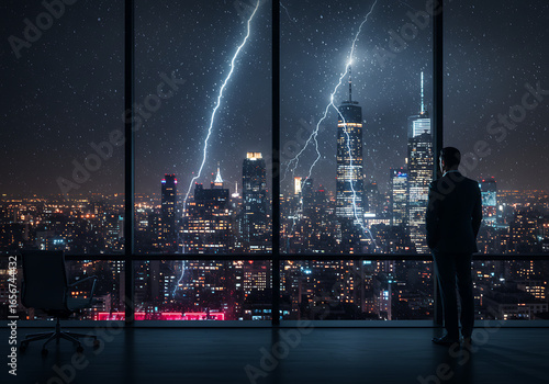 Businessman watches lightning strike over the city skyline from his highrise office during a dramatic thunderstorm, conveying power and uncertainty.