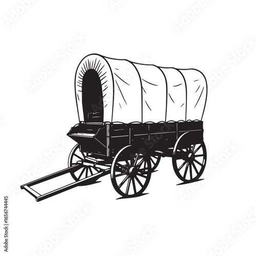 Black and white illustration of a covered wagon representing the american west