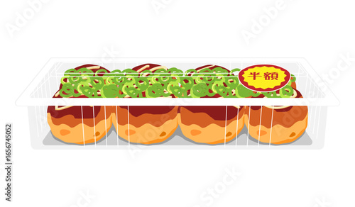 正面から見たネギをかけたたこ焼きのイラスト　8個　フードパック　半額シール
