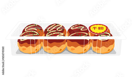 正面から見たたこ焼きのイラスト　8個　フードパック　半額シール