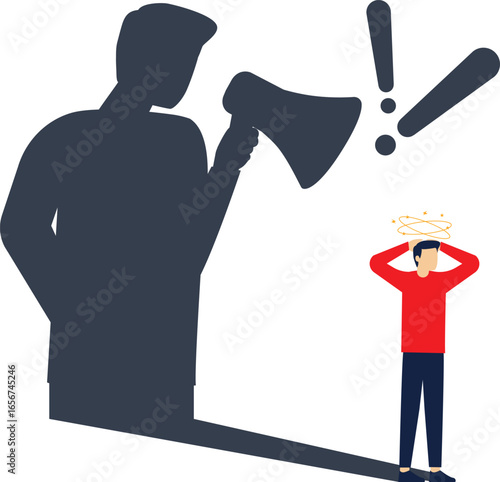 Self criticism, negative critic thinking to blame yourself, guilt or depression to rant or inner anxiety, anger or stress psychology concept.flat character life .