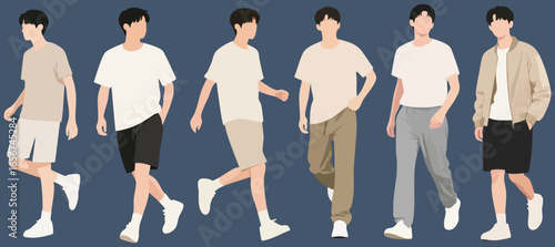 Six Stylish Men Walking in Casual Summer Outfits Vector Illustration