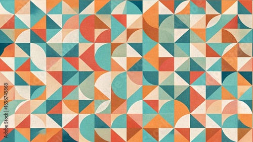 Retro geometric pattern with triangles, circles, and squares in a vintage color palette design