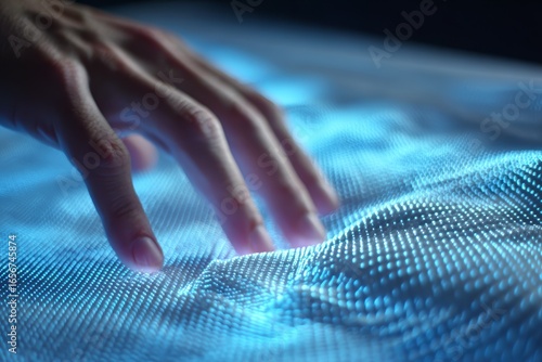 Close-up of hand pressing on a mattress to see if it is firm, creating blue digital waves highlighting the waves