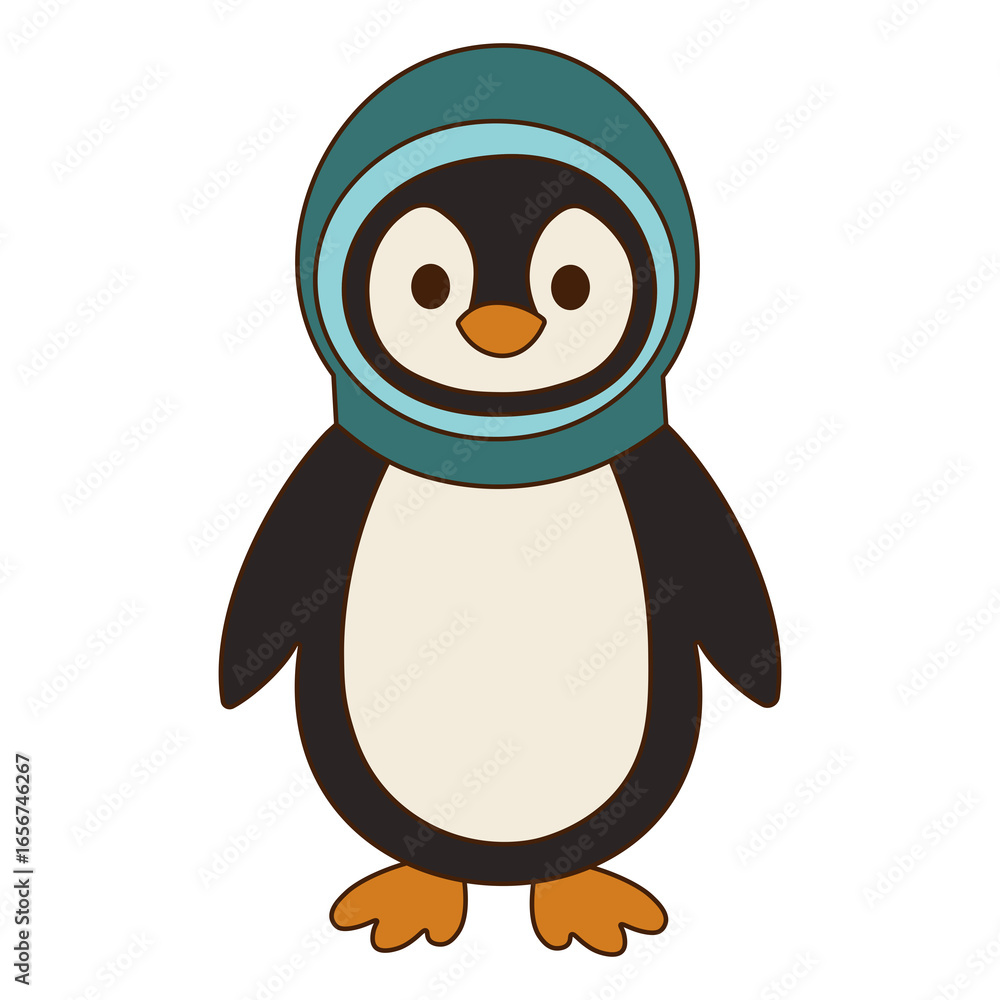 Fototapeta premium Cute Penguin in Winter blue Hood – Cozy Cartoon Clipart Description: Cute penguin wearing a winter hood. Perfect for Christmas designs, holiday cards, posters,