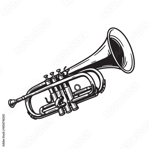 Black and white line art illustration of a classical trumpet music instrument