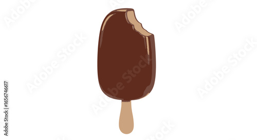 Bitten chocolate-covered ice cream bar on a stick, a simple vector illustration of a frozen dessert isolated on a white background.