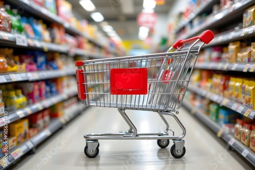 Wallpaper Mural Shopping Cart in a Grocery Store: A shopping cart sits empty in a bright grocery store aisle, inviting shoppers to fill it with fresh and packaged goods. Torontodigital.ca