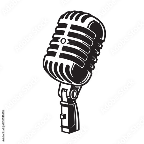 Classic retro style microphone black and white illustration for music audio broadcasting