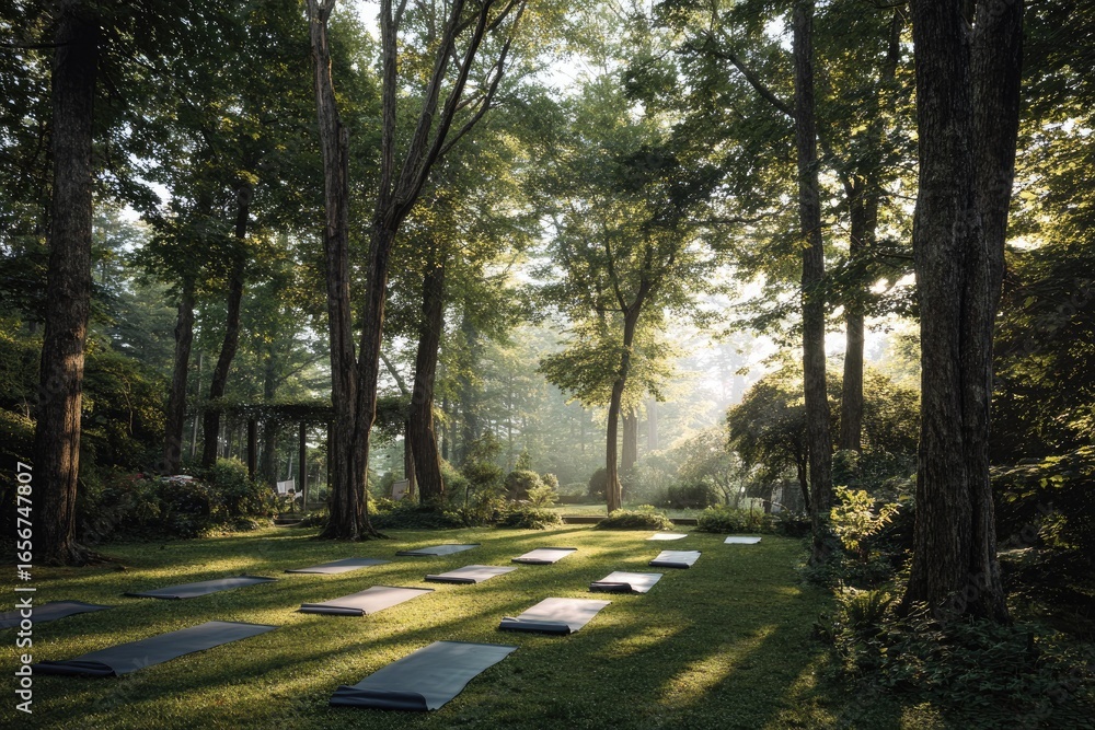 Fototapeta premium Peaceful yoga space in a lush forest