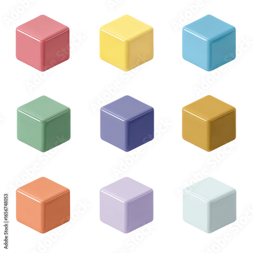 Nine colorful, glossy cubes arranged in a 3x3 grid.  Each cube has a slightly different pastel hue