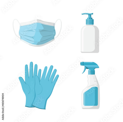 Hygiene Safety Elements: Mask, Hand Sanitizer, Gloves, Spray Bottle Illustration object graphics vector For Health And Safety, Covid Designs