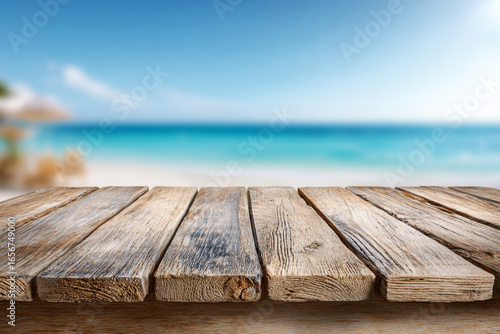 Rustic Wood Tabletop on Tropical Beach with Turquoise Sea and Clear Blue Sky Summer Vacation Getaway Background for Product Display