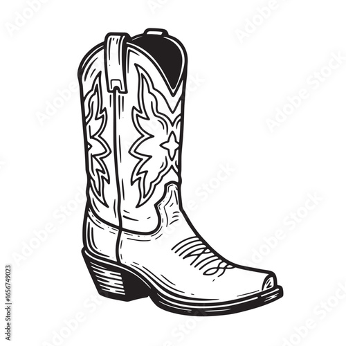 Detailed black and white illustration of a classic cowboy western style leather boot