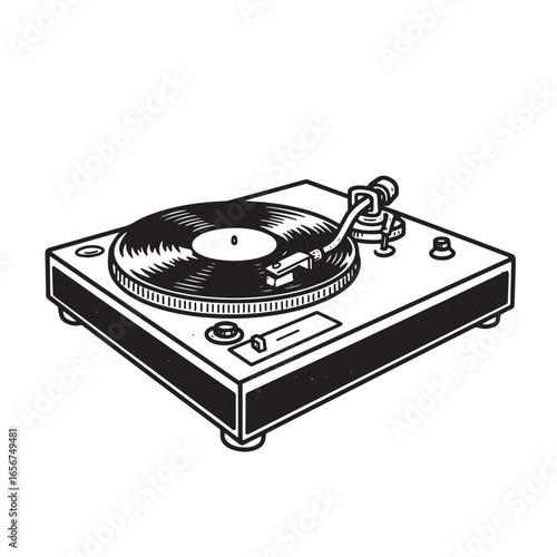 Detailed black and white illustration of a vintage turntable with vinyl record playing
