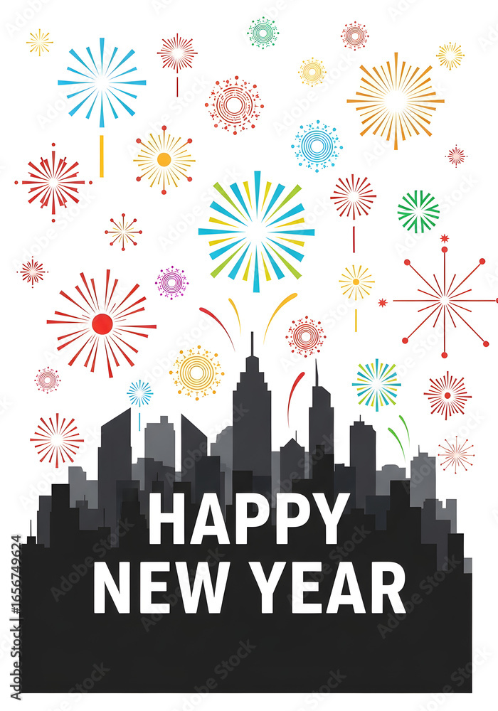 Fototapeta premium Happy New Year City Skyline Colorful Fireworks Festive Urban Celebration Illustration